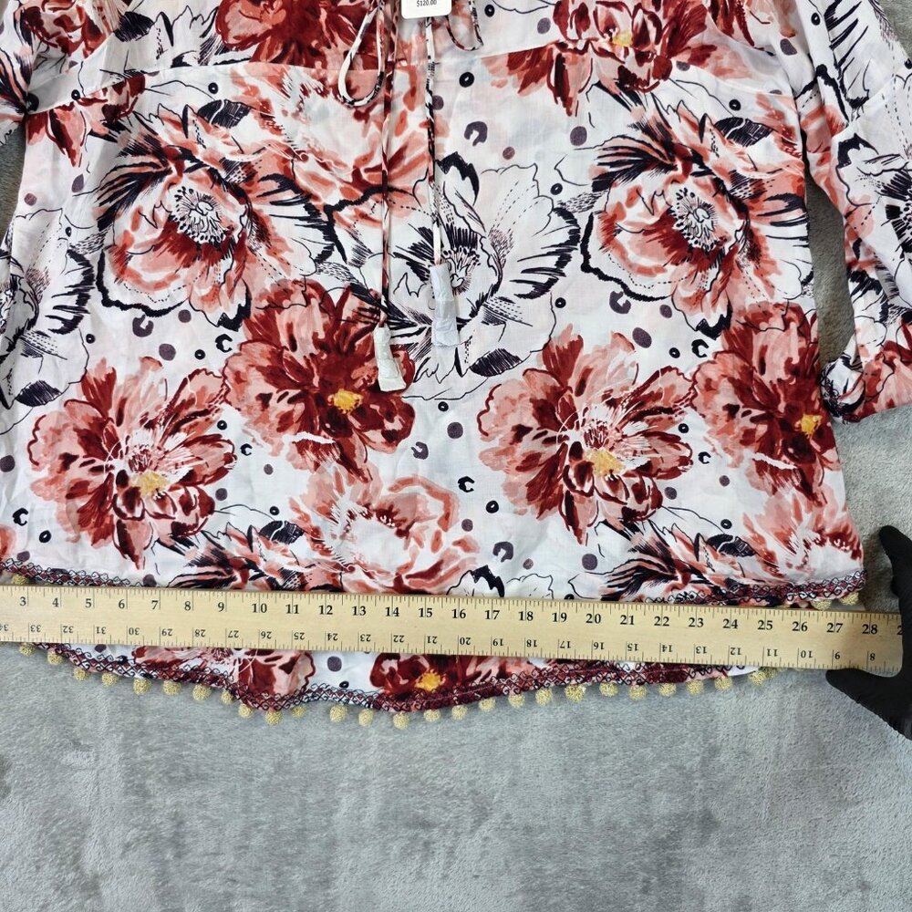 Soft Surroundings Rosada Blouse Womens Small Pink Floral Pom Pom Boho Top NWT - Picture 9 of 12